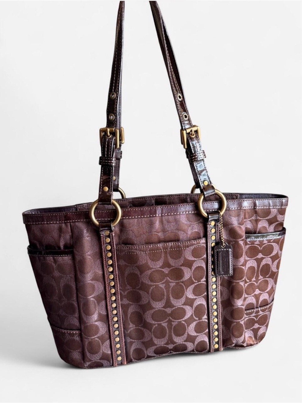 Coach RARE lurex metallic brown signature C jacquard studded gallery tote